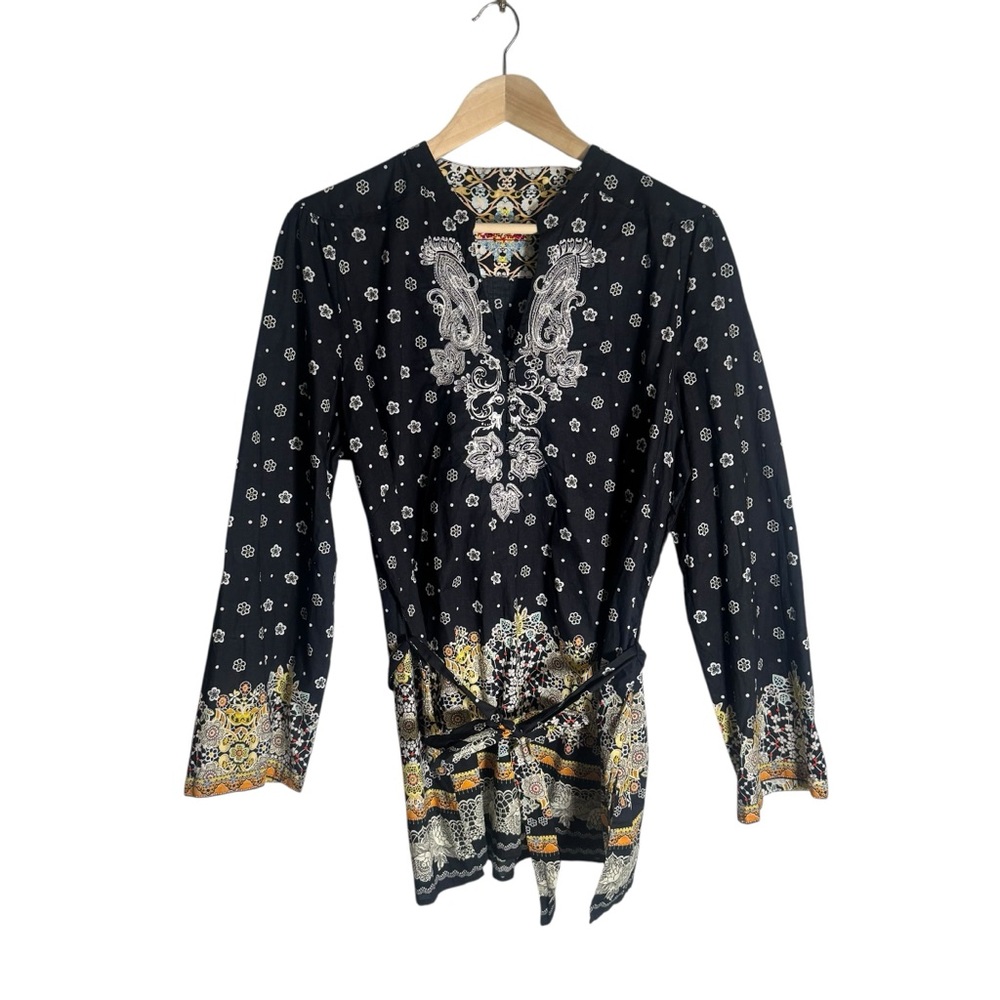 Robert Graham Paisley Carlisle Tunic Top Black White Tie Waist Floral Size XL - Picture 4 of 8